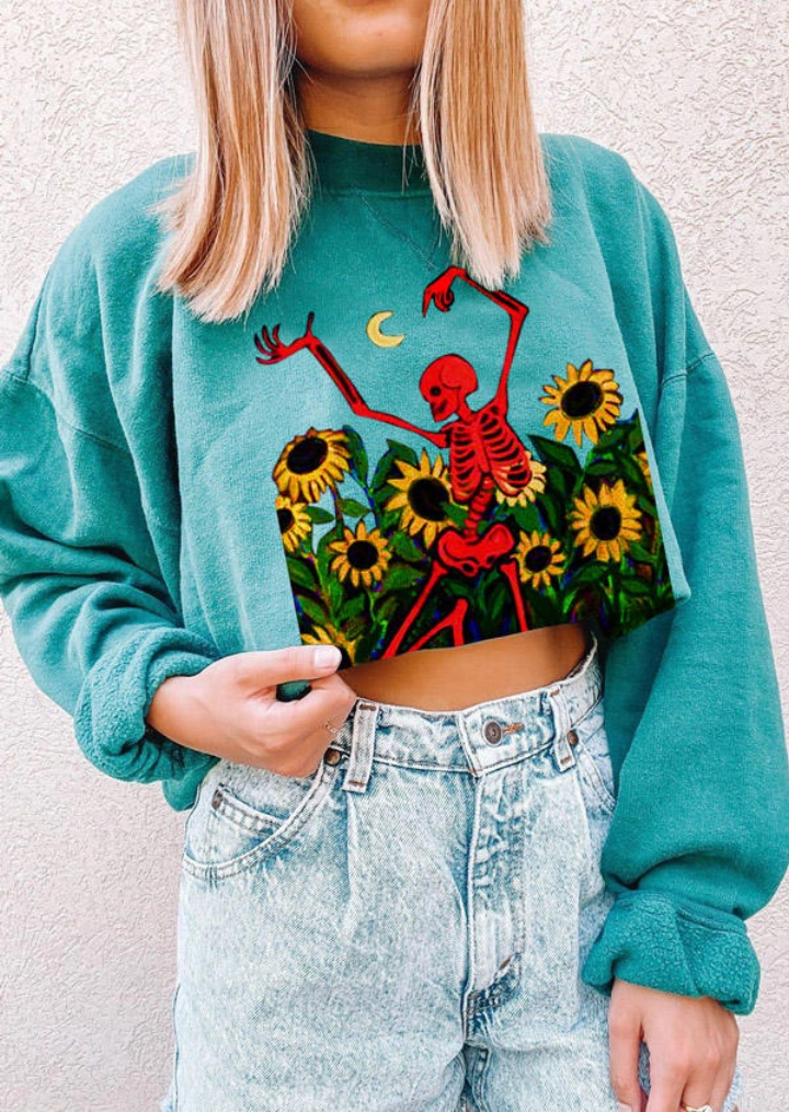Sudadera de suéter de Halloween Skeleton Sunflower-Verde #2