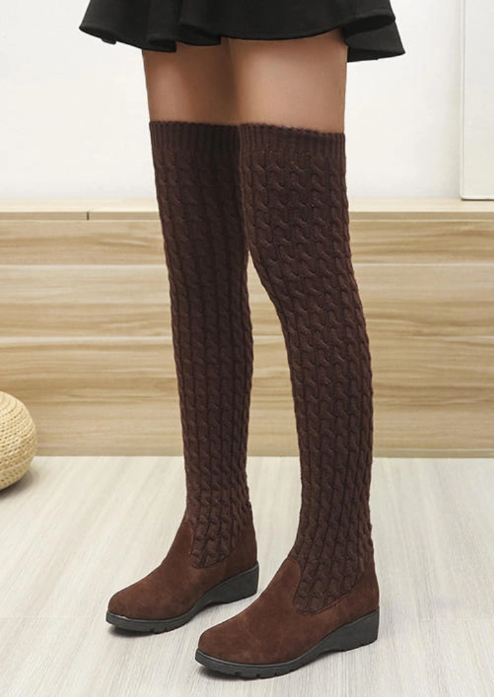 Stretch Warm Over Knee Round Toe Boots - Dark Brown #1