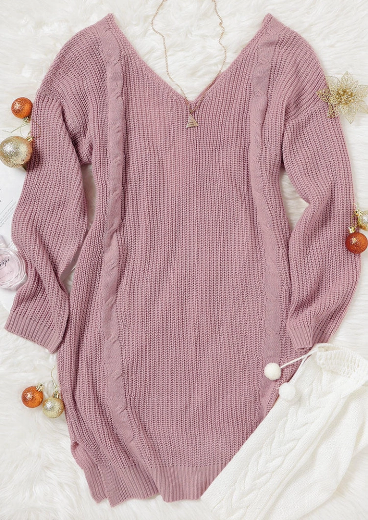 Criss-Cross Open Back Long Sleeve Sweater Mini Dress - Light Pink #5