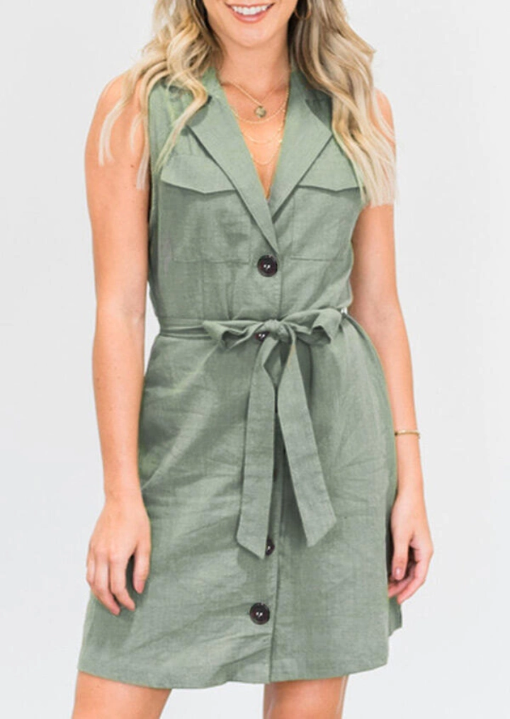 Button Pocket Tie Mini Dress without Necklace - Light Green #1