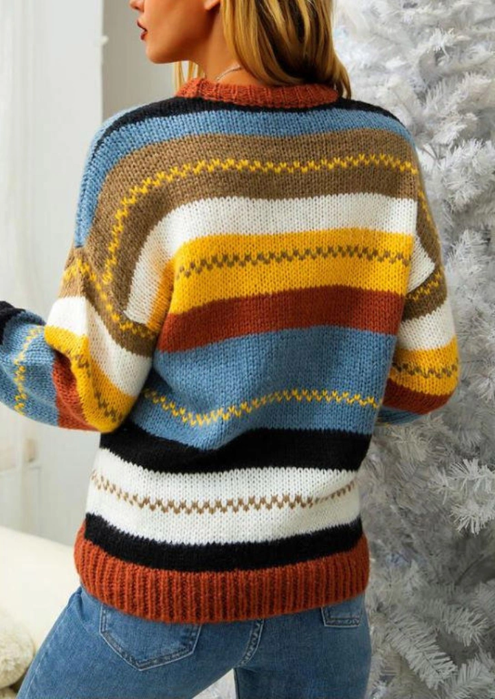 Gestreifte Farbe Block Gestrickte Pullover #3