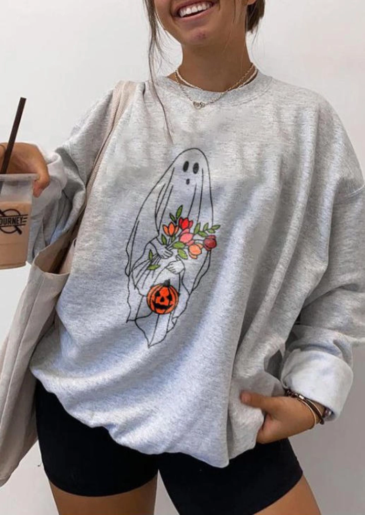 Halloween Pumpkin Ghost Floral Sweatshirt - Beige #3