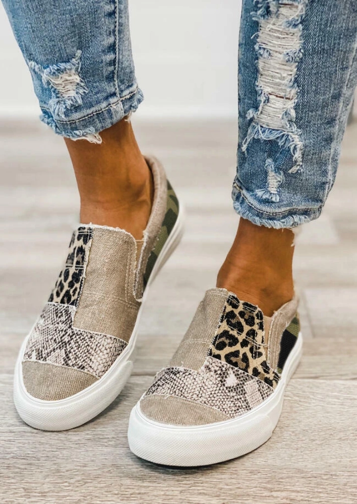 Leopard Snake Skin Camouflage Splicing Flat Canvas Sneakers-Grijs #2