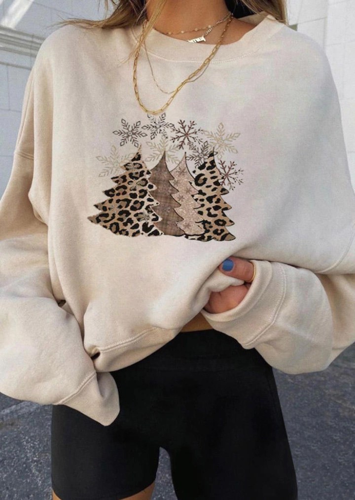 Leopard Christmas Tree Snowflake Sweatshirt - Khaki #1