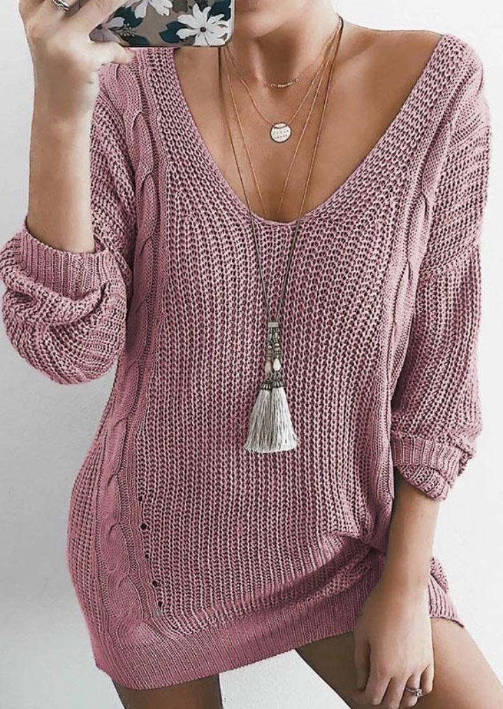 Criss-Cross Open Back Long Sleeve Sweater Mini Dress - Light Pink #4