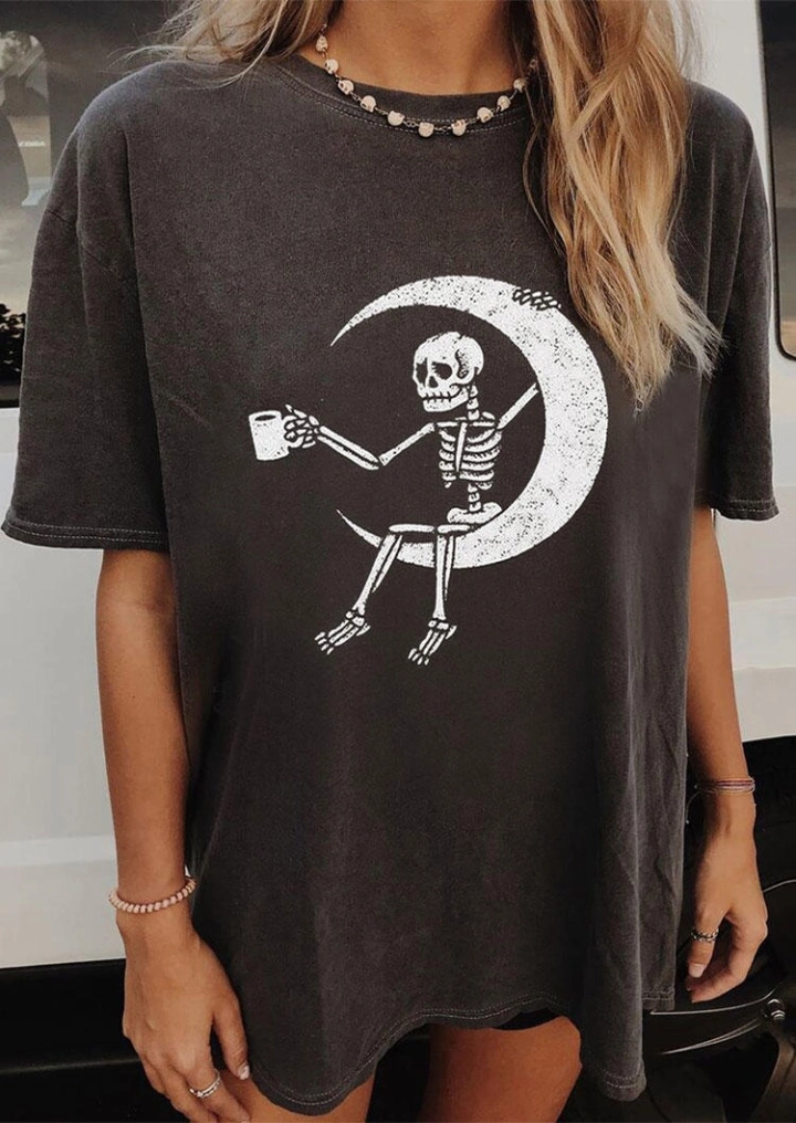 Halloween Skeleton Moon Drink T-Shirt Tee-Negru #1