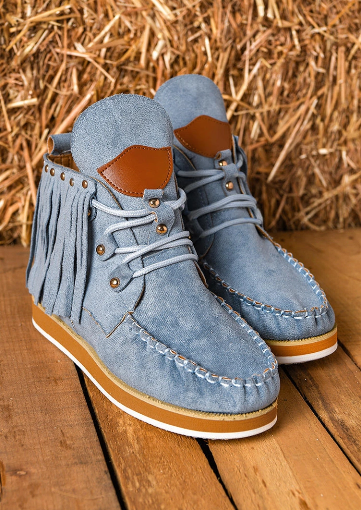 Tassel Lace Up Ankle Flat Boots - Sky Blue #2