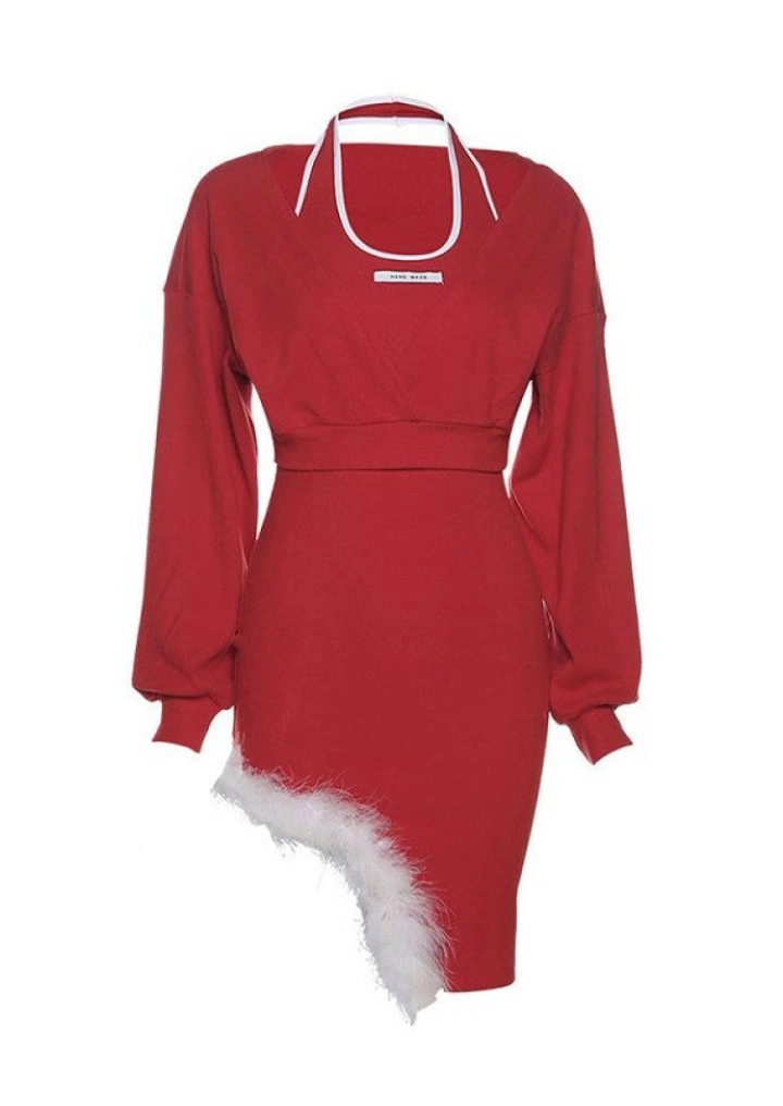 अनियमित फजी ट्रिम लगाम मिनी पोशाक-लाल #4