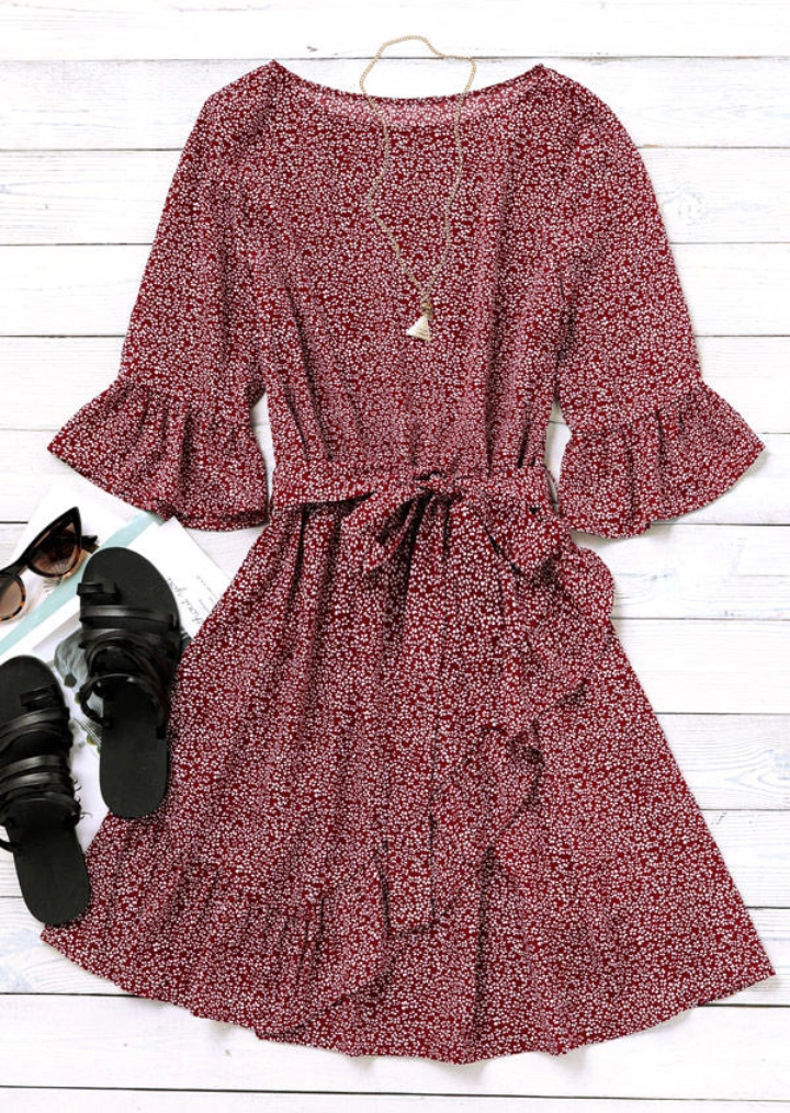 Irregular Ruffled Flare Sleeve Mini Dress - Burgundy #4