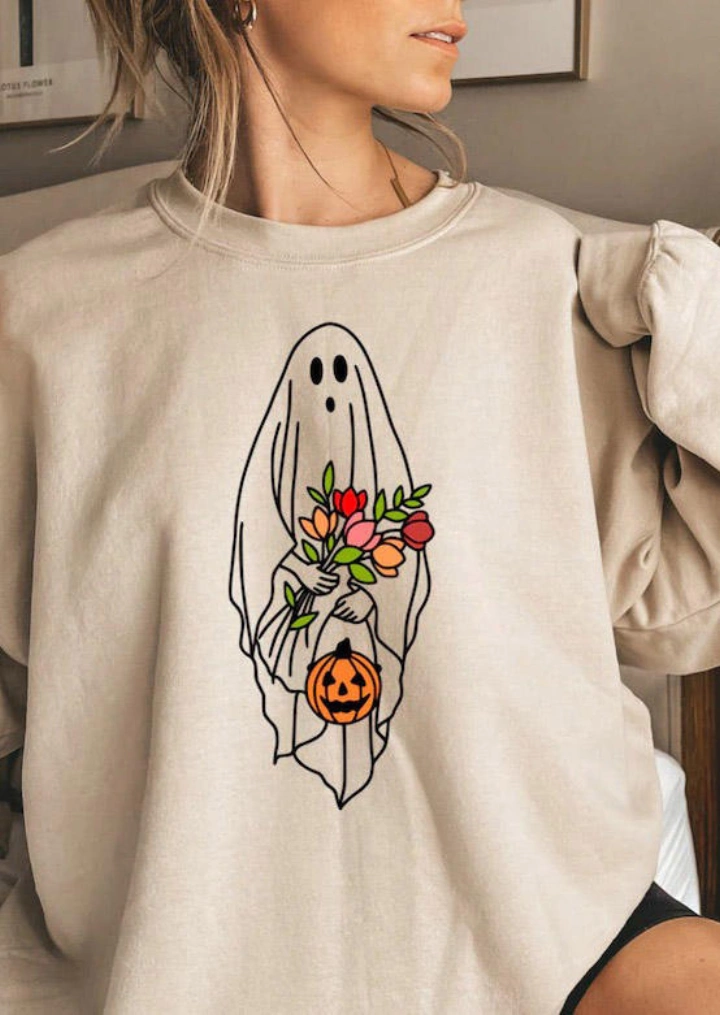 Halloween Pumpkin Ghost Floral Sweatshirt - Beige #1