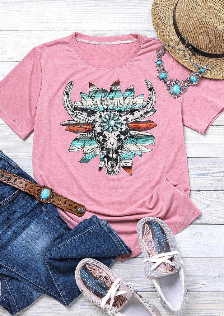 Steer Skull Turquoise T-Shirt Tee - Pink #2