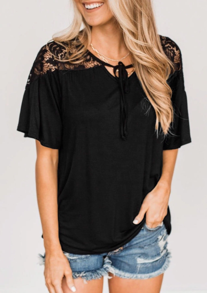 Lace Splicing Hollow Out Tie Blouse - Black #1