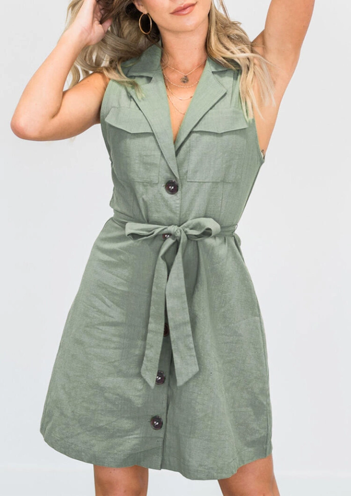 Button Pocket Tie Mini Dress without Necklace - Light Green #2