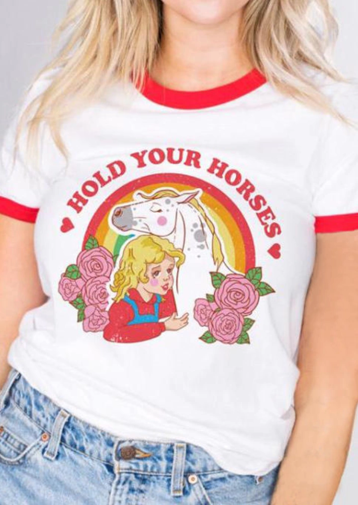 Hold Your Horses Floral Heart T-Shirt Tee-White #2