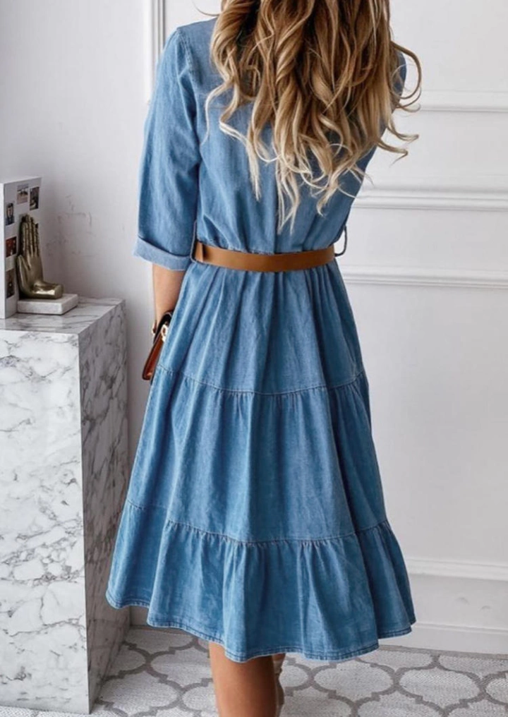 Ruffled Denim Button Μίνι Φόρεμα Με Ζώνη-Μπλε #2