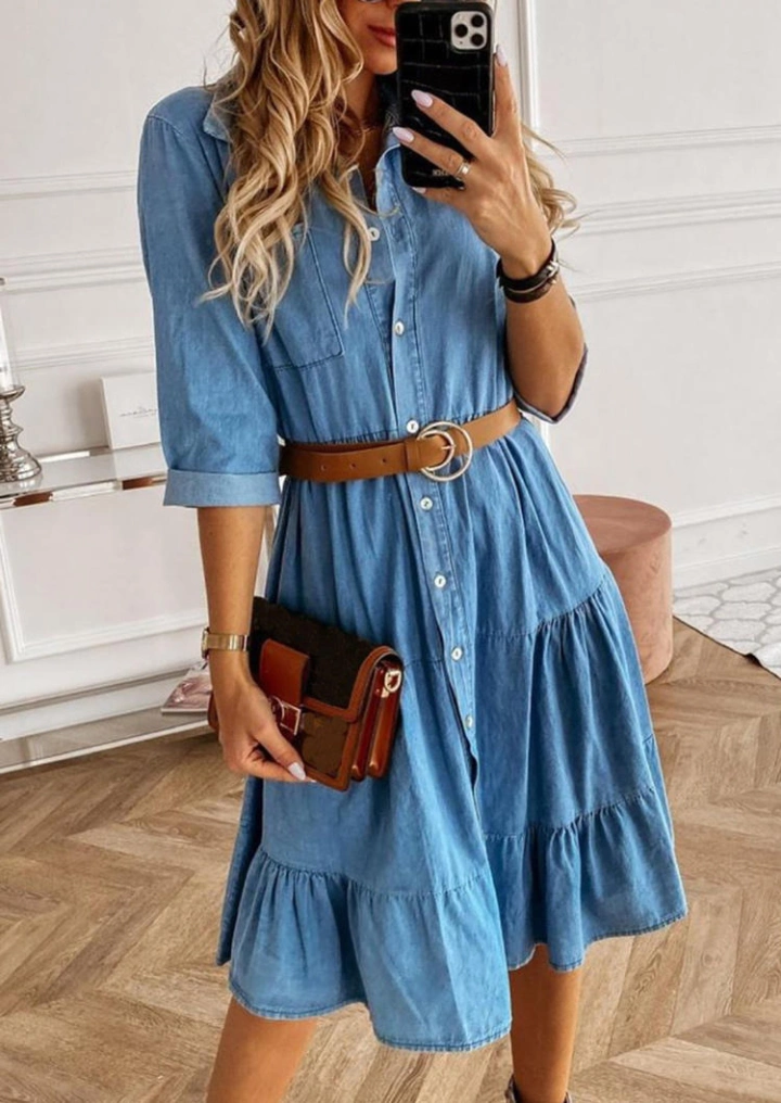 Ruffled Denim Button Μίνι Φόρεμα Με Ζώνη-Μπλε #1