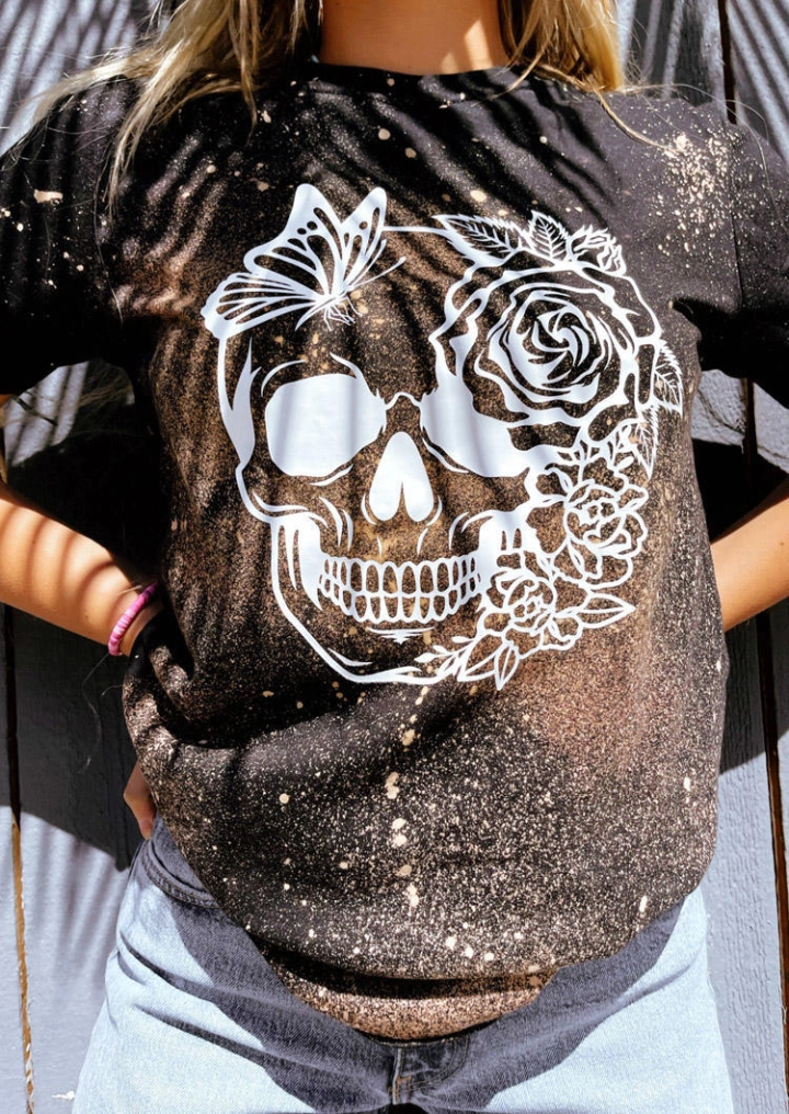 Halloween Skull Floral Bleached T-Shirt Tee - Dark Coffee #1