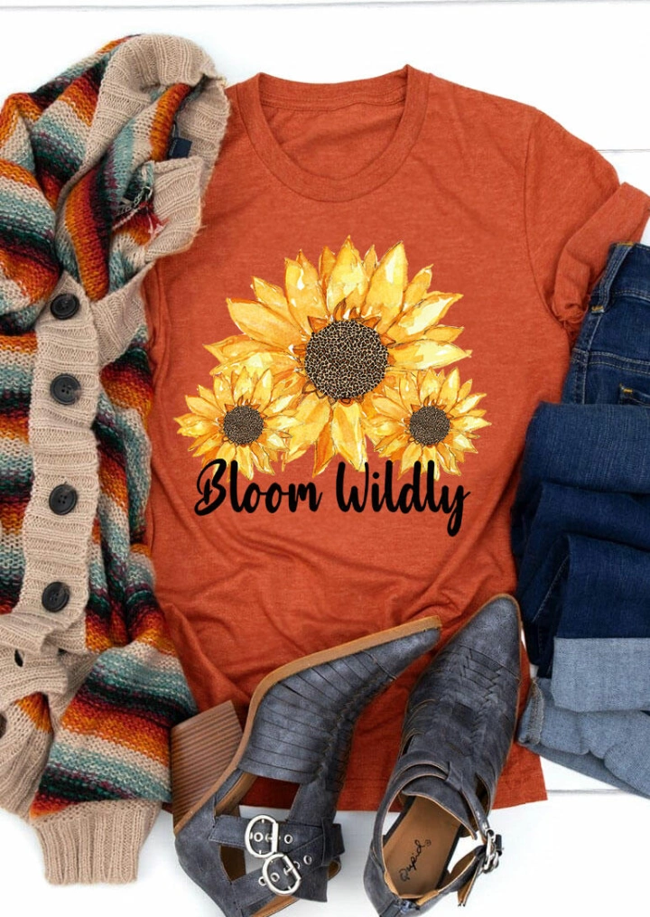 Bloom Wildly Leopard Sunflower O-Neck T-Shirt Tee - Orange #1