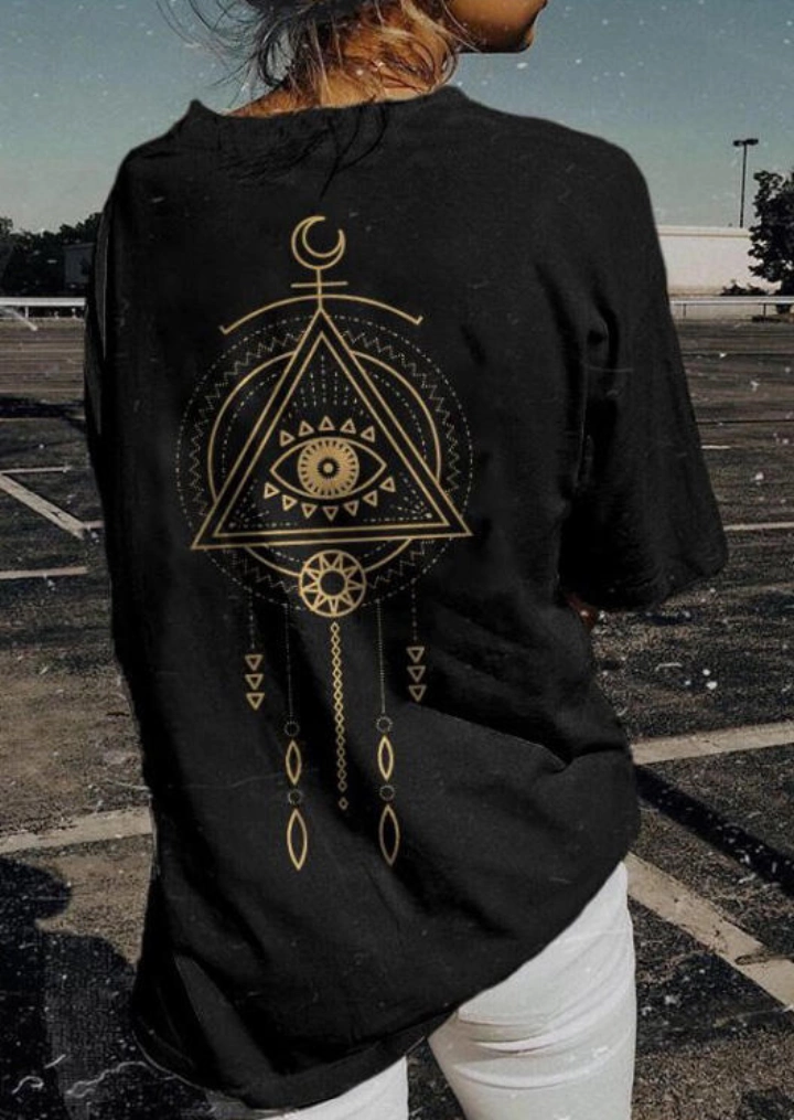 Hippie Eyes Geometric T-Shirt Tee-Black #1