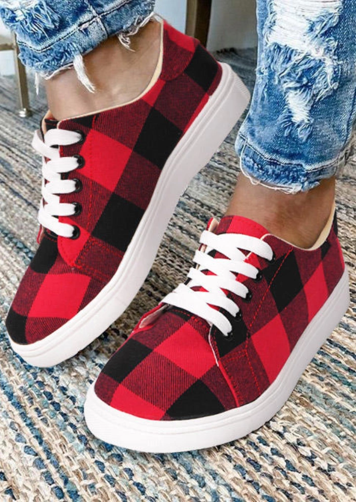 Buffalo Plaid Lace Up Ronde Teen Platte Sneakers-Rood #1