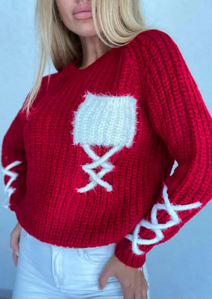Knitted O-Neck Drop Shoulder Sweater - Red #1