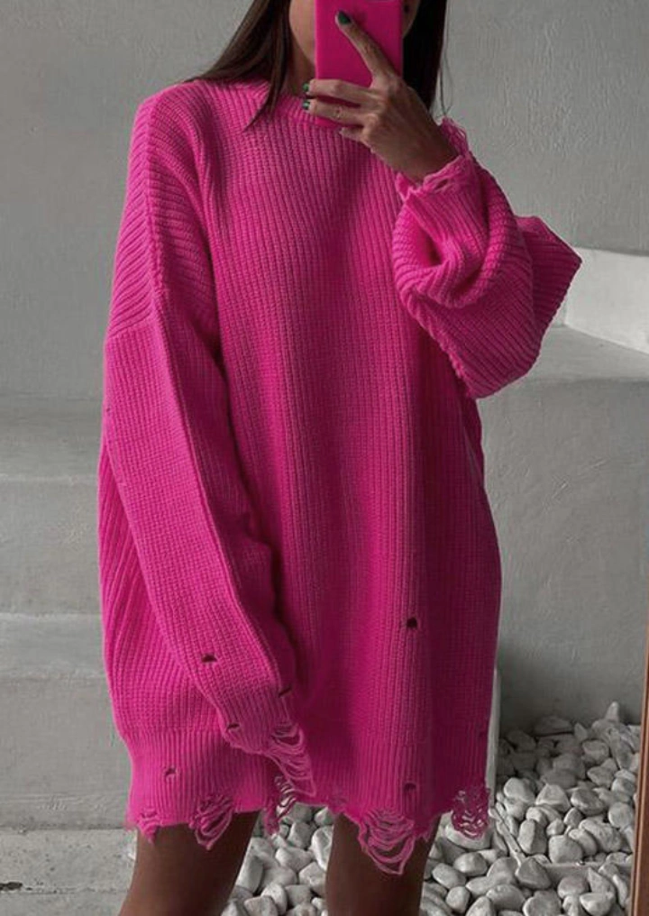 Hole Drop-Shoulder Long Sleover Sweater Mini Dress-Rose Red #2