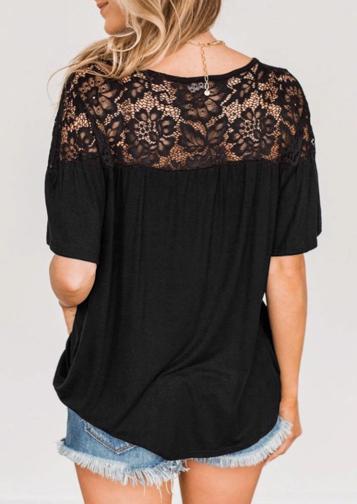 Lace Splicing Hollow Out Tie Blouse - Black #4
