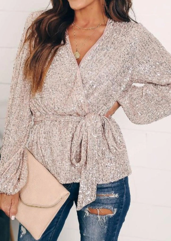 Sequined Tie Waist Wrap Blouse - Champagne #2