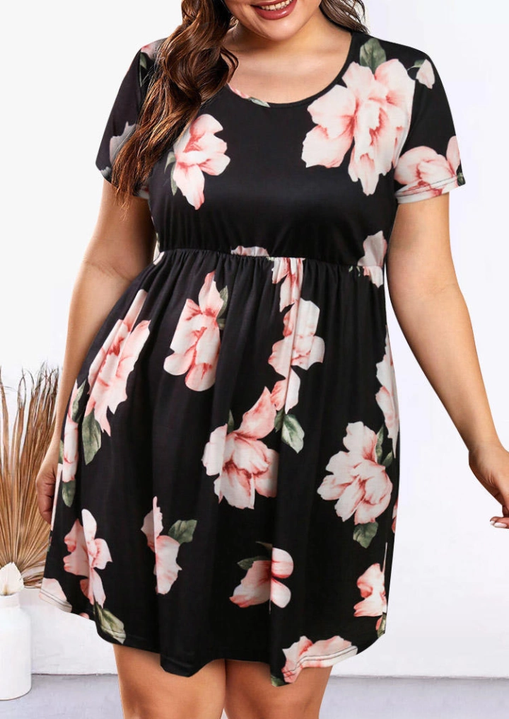 Plus Size Floral Pocket O-Neck Mini Dress - Black #1