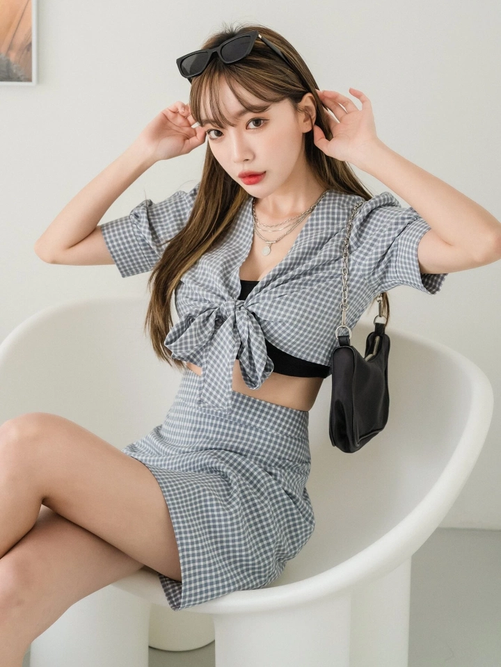 Gingham Tie Front Puff Sleeve Top & Skirt #1