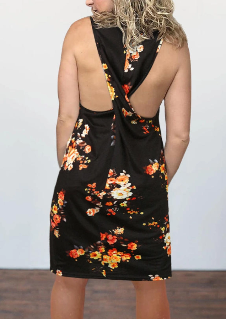 Floral Twist Sleeveless Mini Dress - Black #1