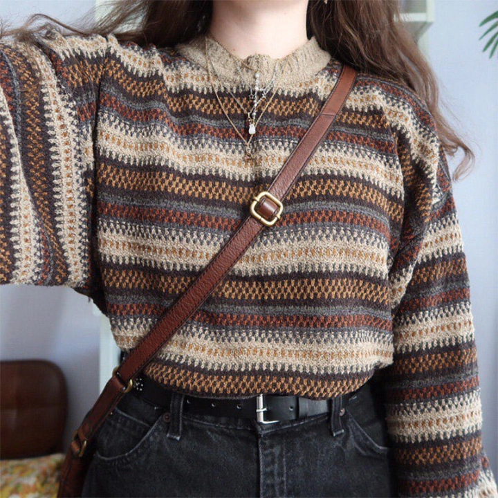 Vintage Striped O-Neck Long Sleeve Sweater - Brown #2