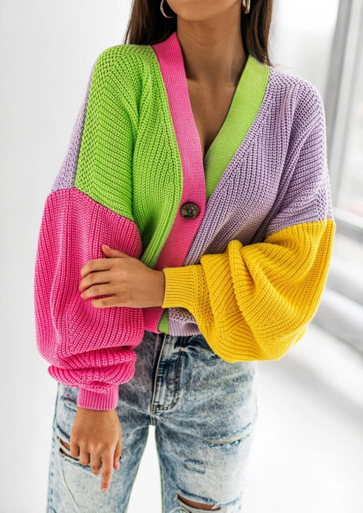 Color Block Long Sleeve Sweater Cardigan - Fluorescent Green #3