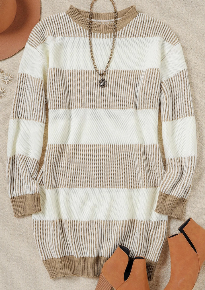 धारीदार ओ-गर्दन लंबी आस्तीन स्वेटर मिनी पोशाक-खाकी #6