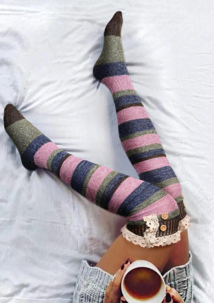 Color Block Striped Button Lace Over Knee Socks #1