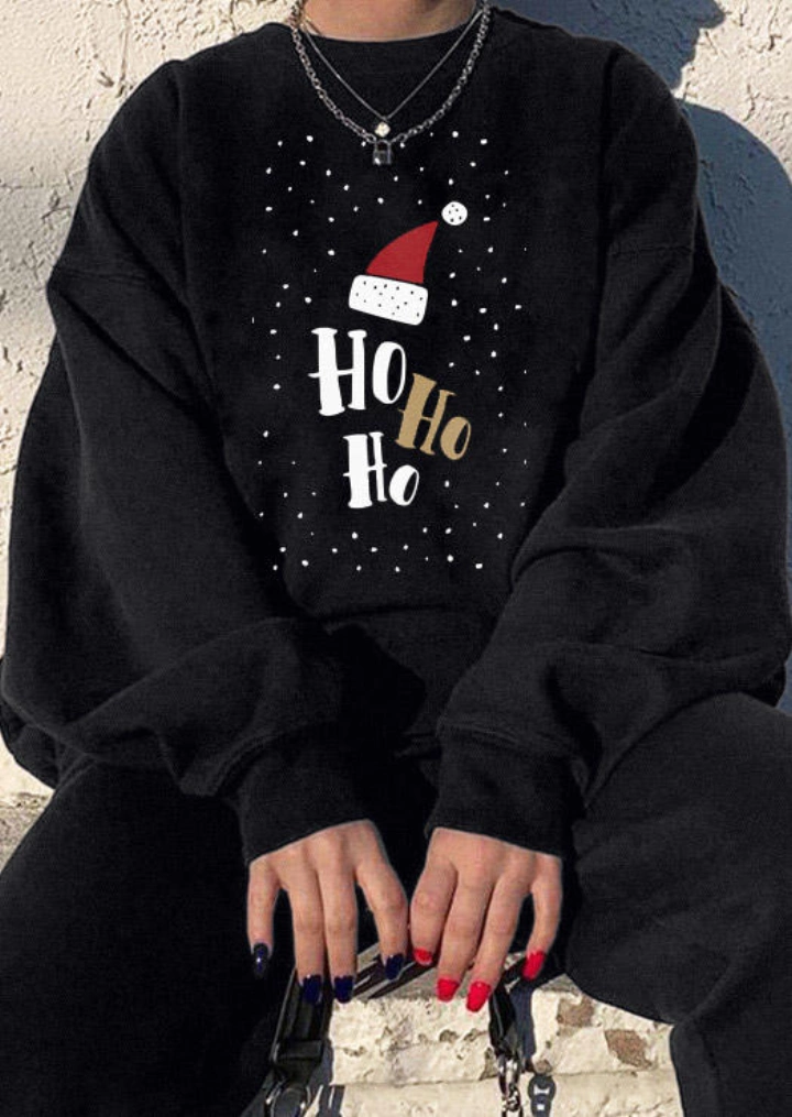 Ho Ho Ho საშობაო ქუდი გრძელი ყდის Sweatshirt-შავი #1