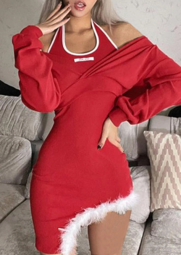 Mini Robe Licou à Garniture Floue Irrégulière - Rouge #1