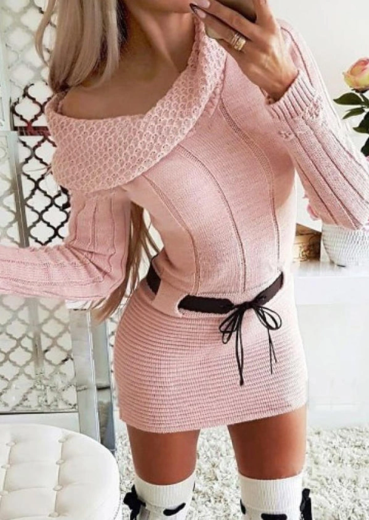 Gerippter Strickpullover Bodycon Kleid ohne Gürtel - Pink #1