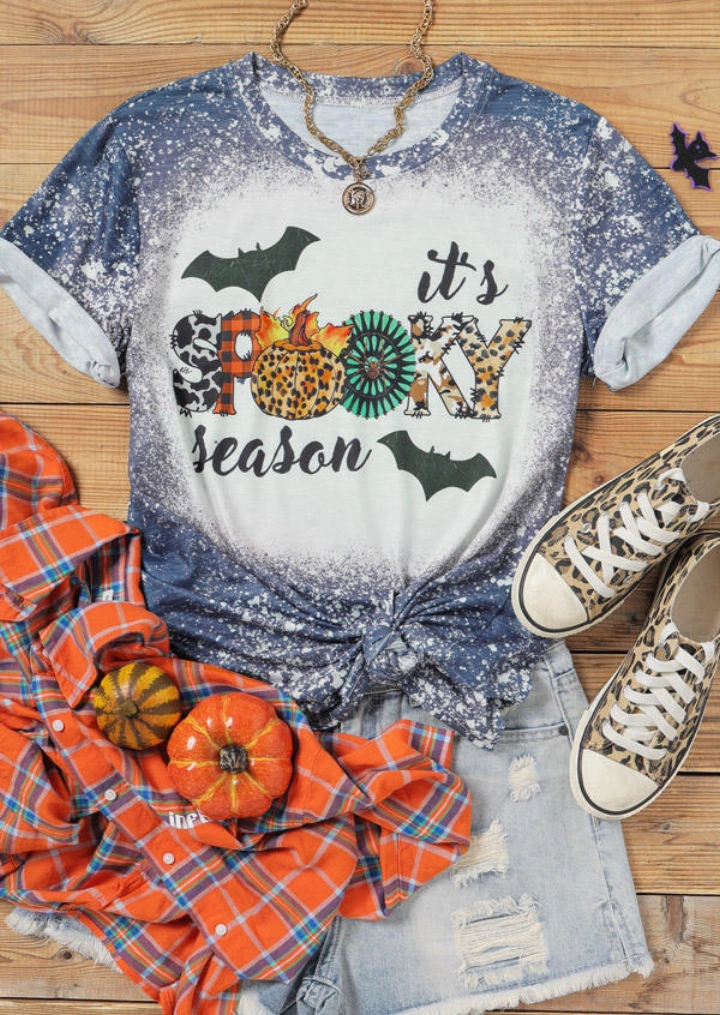 Spooky Season Pumpkin Bleached T-Shirt Tee - Light Blue #2