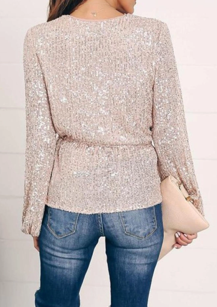Sequined Tie Waist Wrap Blouse - Champagne #5