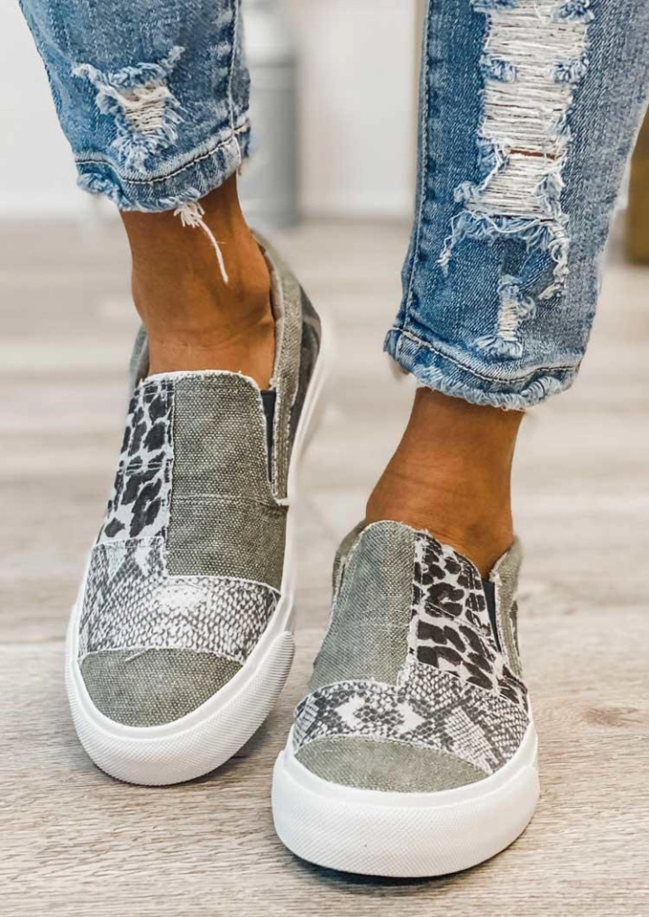 Leopard Snake Skin Camouflage Splicing Flat Canvas Sneakers-Grijs #1