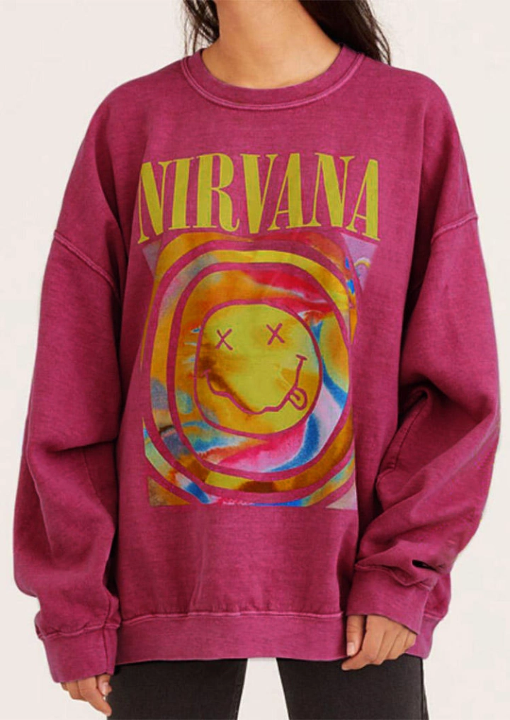 Vintage Nirvana Smile Face Pullover Sweatshirt - Plum #3