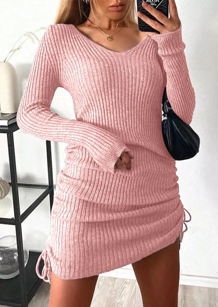 Ruched Drawstring Long Sleeve Sweter Mini Dress-Różowy #6