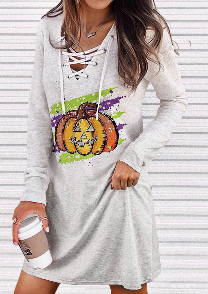 Halloween Lace Up Pumpkin Mini Dress-Light Grey #1