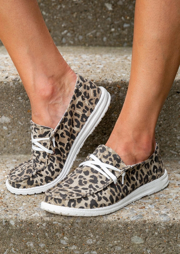 Leopard Lace Up Round Toe Flat Sneakers #7