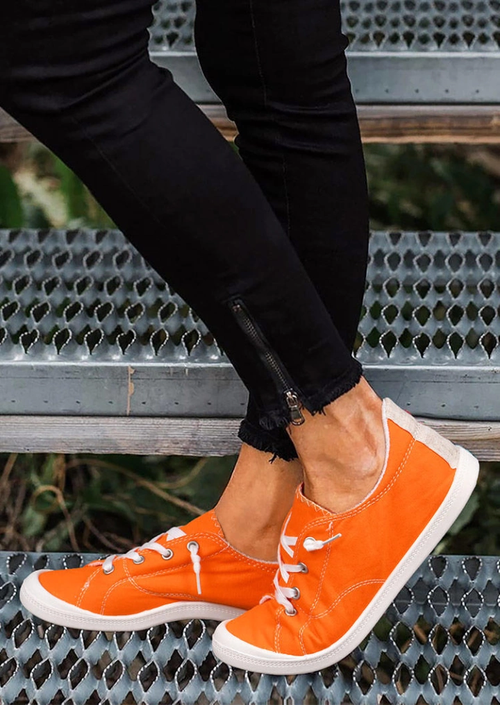 Spets Upp Rund Tå Platta Sneakers-Orange #2
