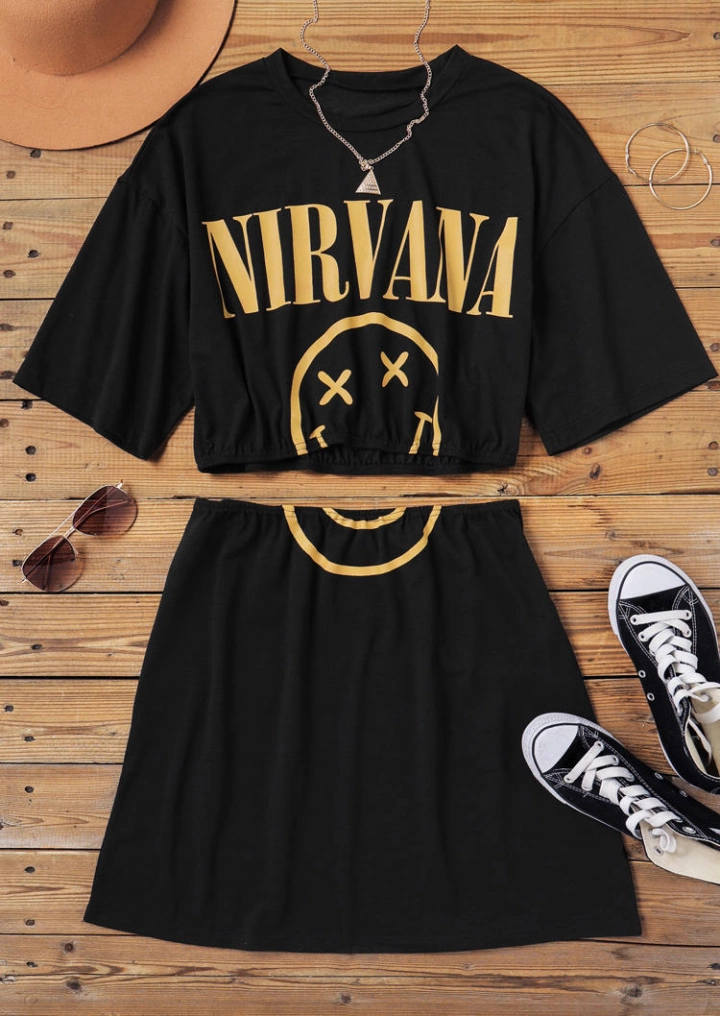 Nirvana Crop Top Och Hög Midja Mini Kjol Outfit - Svart #4