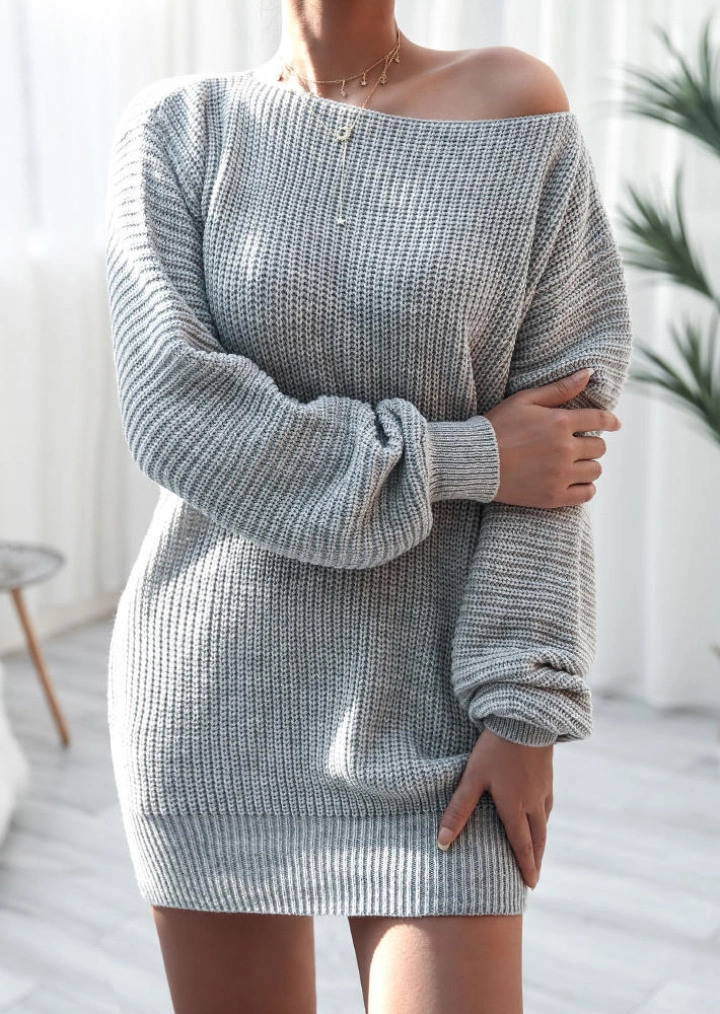 Drop Shoulder Luźny Sweter Mini Sukienka-Szary #1