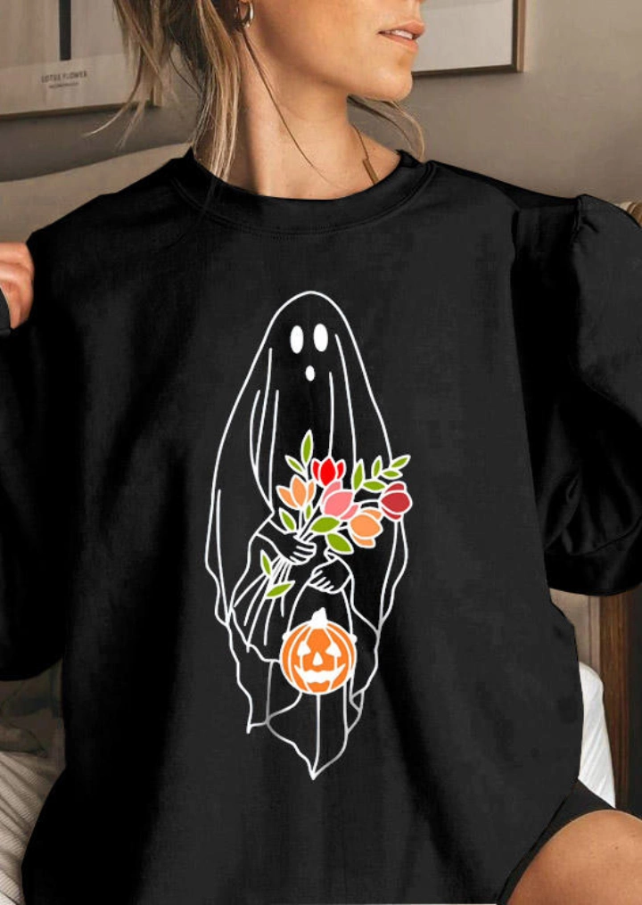 Halloween Pumpkin Ghost Floral Sweatshirt - Beige #2