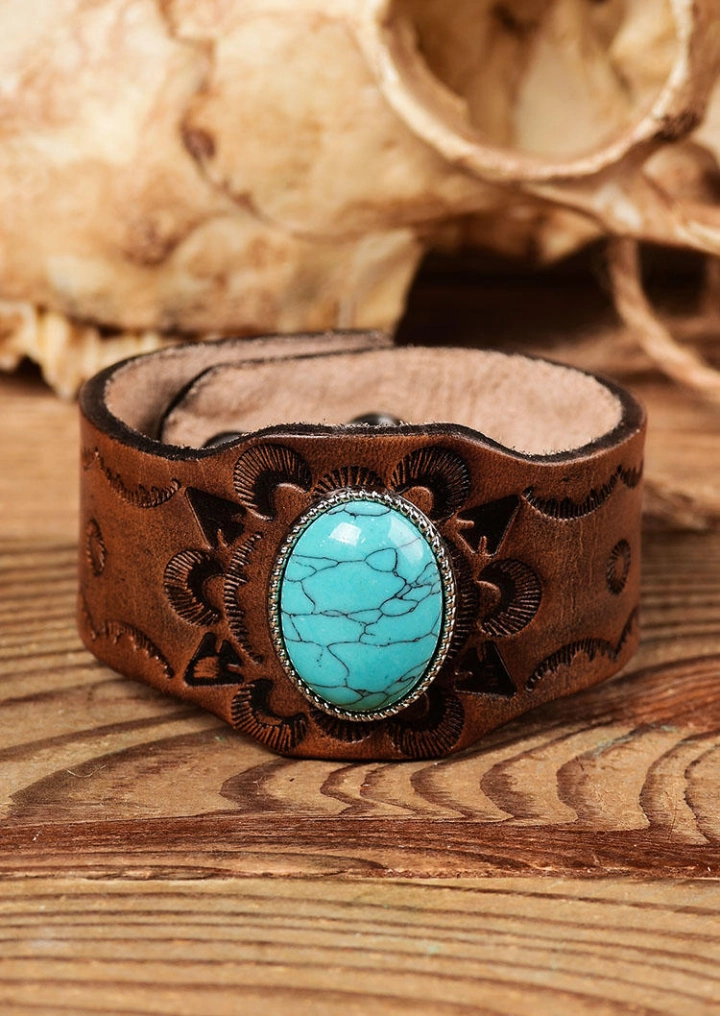 Vintage Turquoise Embossed Wide Leather Bracelet #1
